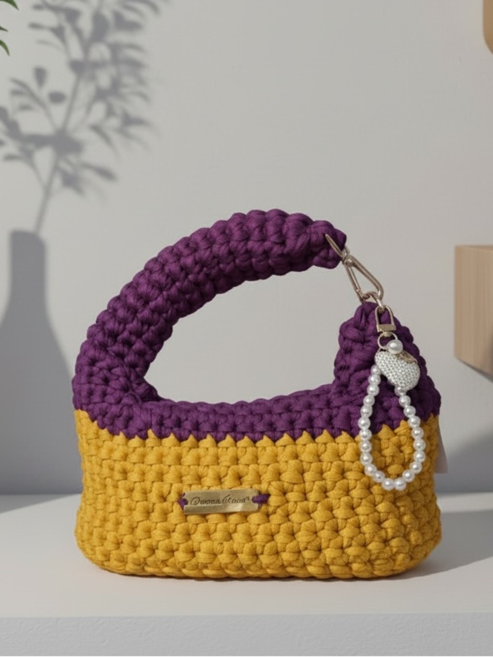 103-Handmade Two-Tone Crochet Bag in Purple and Mustard